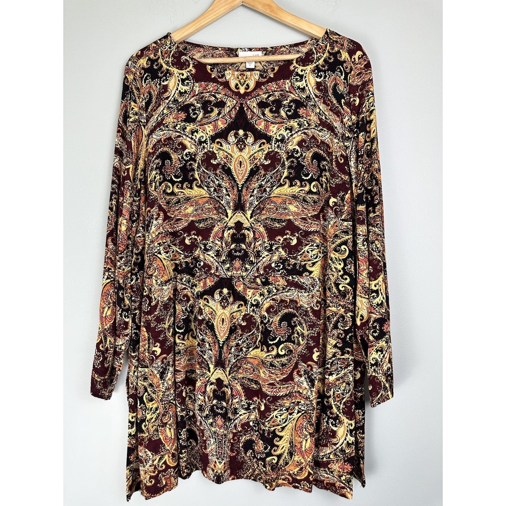 J Jill Paisley Tunic Top Soft Rayon Long Sleeve Scoop Neck Size XL Artsy Boho